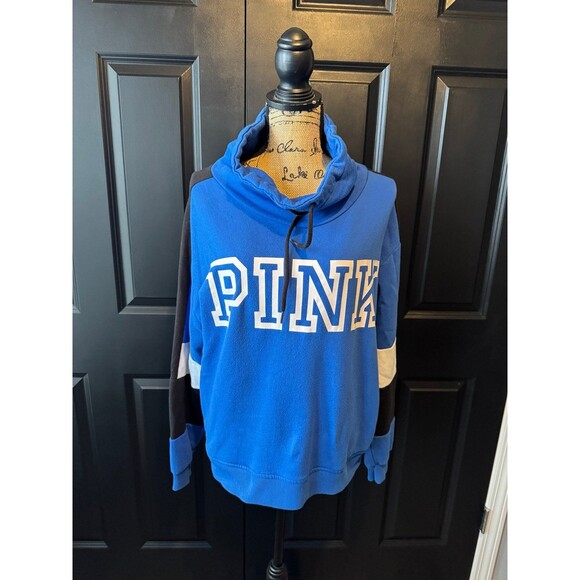 Victoria's Secret Pink Colorblock Cowl Neck Pullover Majorelle Blue Logo L - Picture 1 of 5